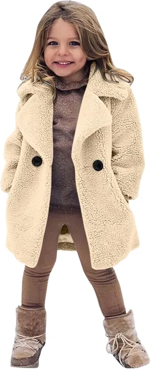 Toddler Baby Girls fleece Coats Fleece Fuzzy Trench Coat Collar Open Front Teddy Long Winter Warm Fl𝐮ffy Outwear
