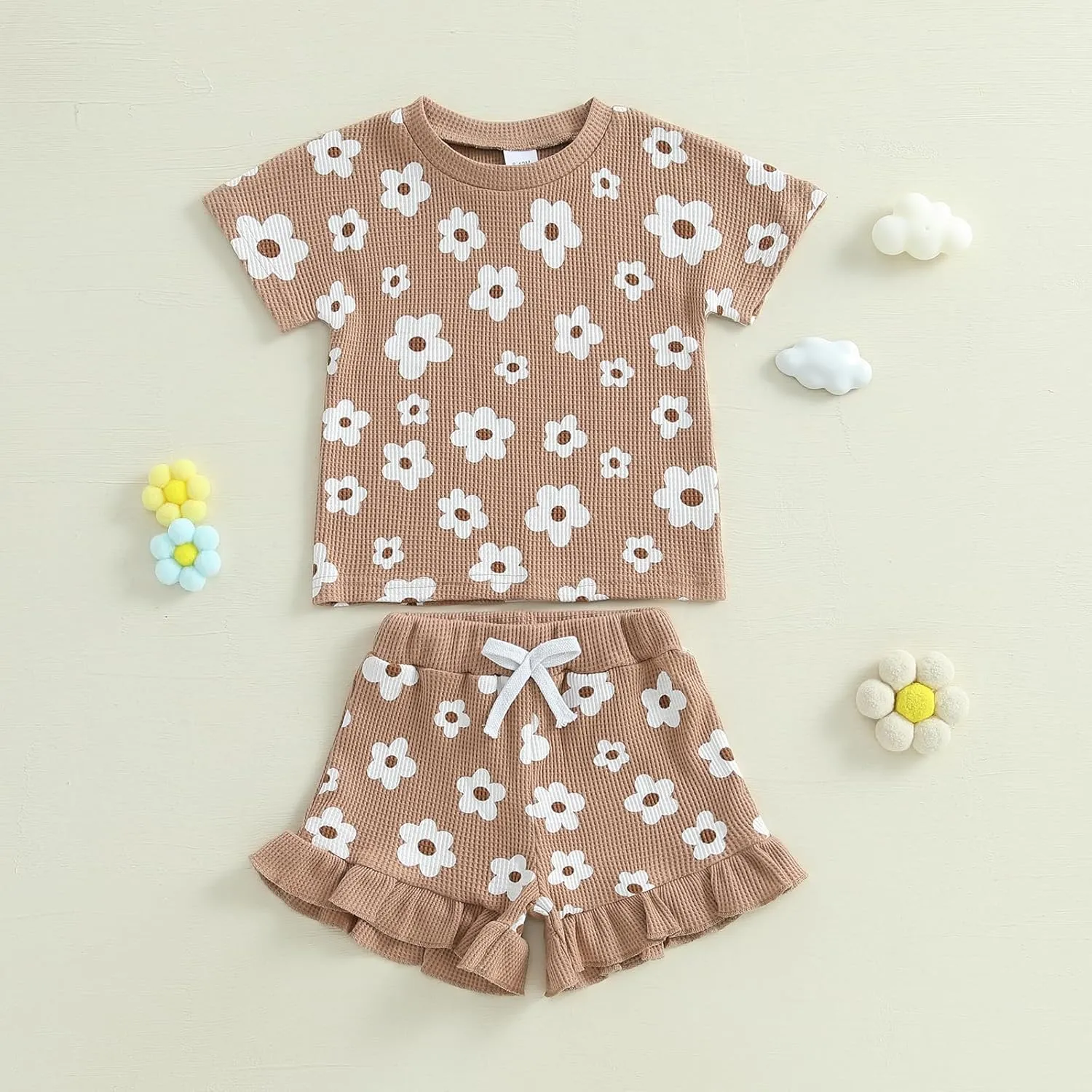 Toddler Baby Girls Summer Outfits Cute Daisy Ruffle Ribbed Short Sleeve T-Shirts Tops Floral Shorts 2Pcs Sets