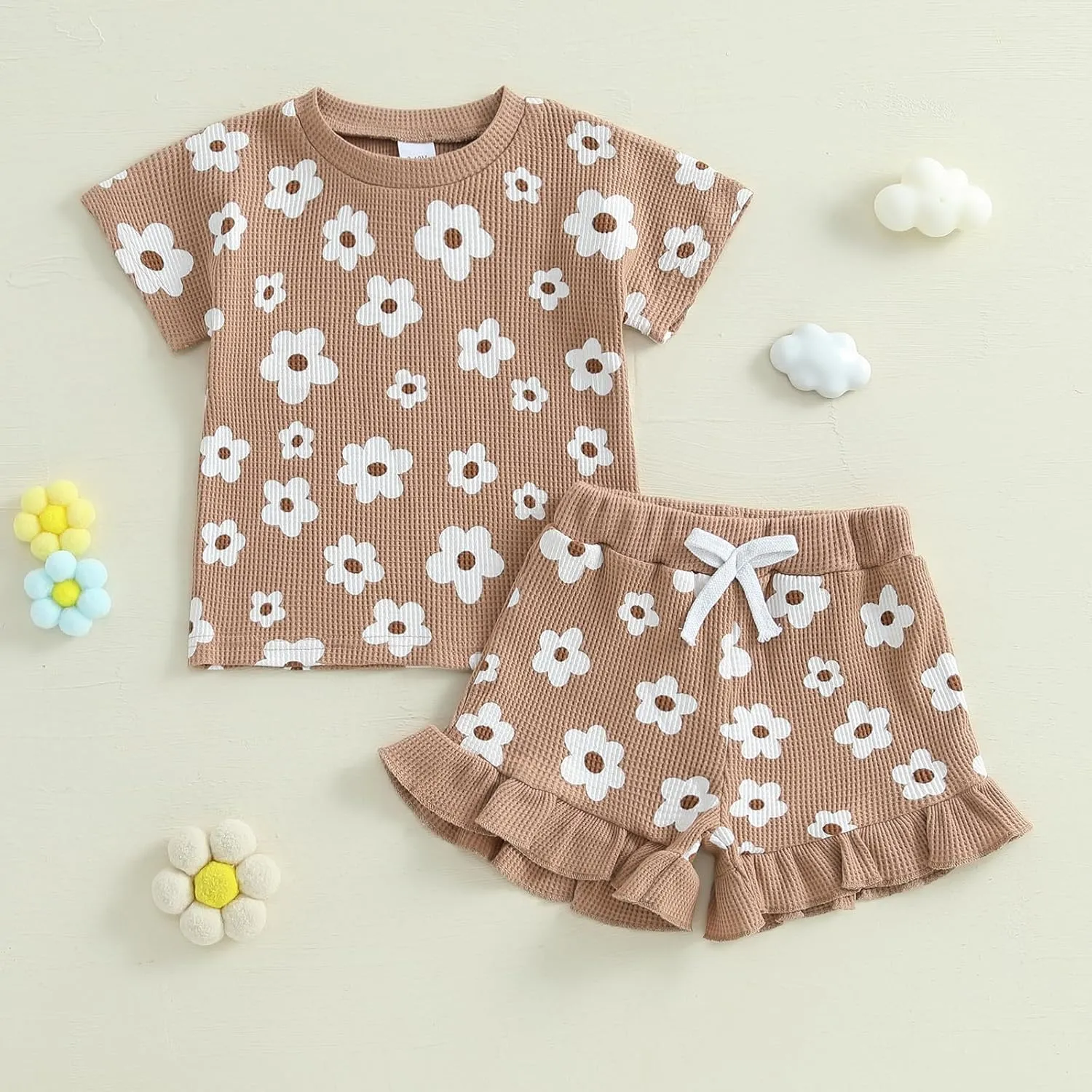 Toddler Baby Girls Summer Outfits Cute Daisy Ruffle Ribbed Short Sleeve T-Shirts Tops Floral Shorts 2Pcs Sets