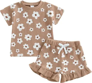 Toddler Baby Girls Summer Outfits Cute Daisy Ruffle Ribbed Short Sleeve T-Shirts Tops Floral Shorts 2Pcs Sets