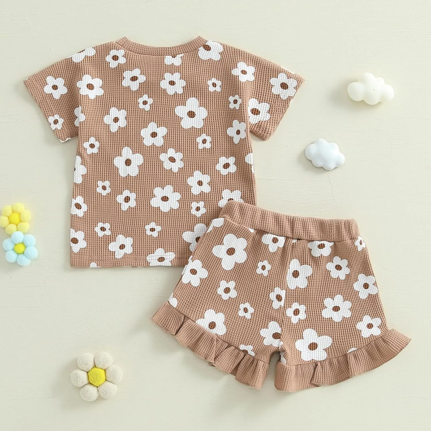 Toddler Baby Girls Summer Outfits Cute Daisy Ruffle Ribbed Short Sleeve T-Shirts Tops Floral Shorts 2Pcs Sets