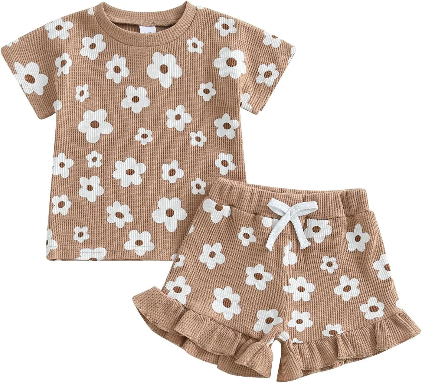 Toddler Baby Girls Summer Outfits Cute Daisy Ruffle Ribbed Short Sleeve T-Shirts Tops Floral Shorts 2Pcs Sets