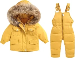Toddler Boys Girls 2 Piece Snowsuit Set Kids Ski Suit Hooded Puffer Down Jacket Coat with Ski Bib Pants Windproof Outfit