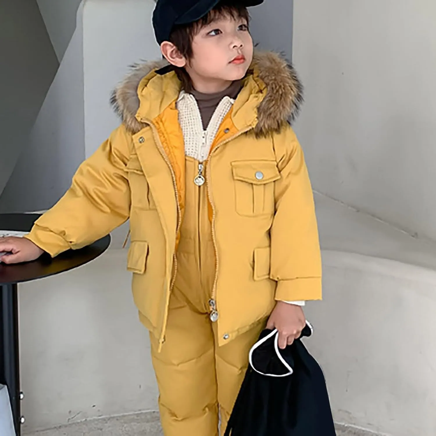Toddler Boys Girls 2 Piece Snowsuit Set Kids Ski Suit Hooded Puffer Down Jacket Coat with Ski Bib Pants Windproof Outfit