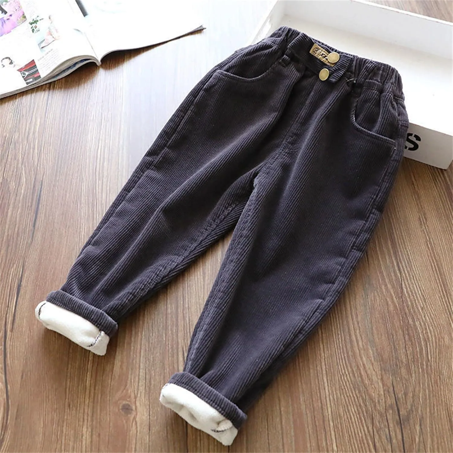 Toddler Fle𝐞ce Lined Corduroy Pants Boys Girls Solid Color Elastic Waist Fit Jogger Trousers Winter Warm Sweat Clothes
