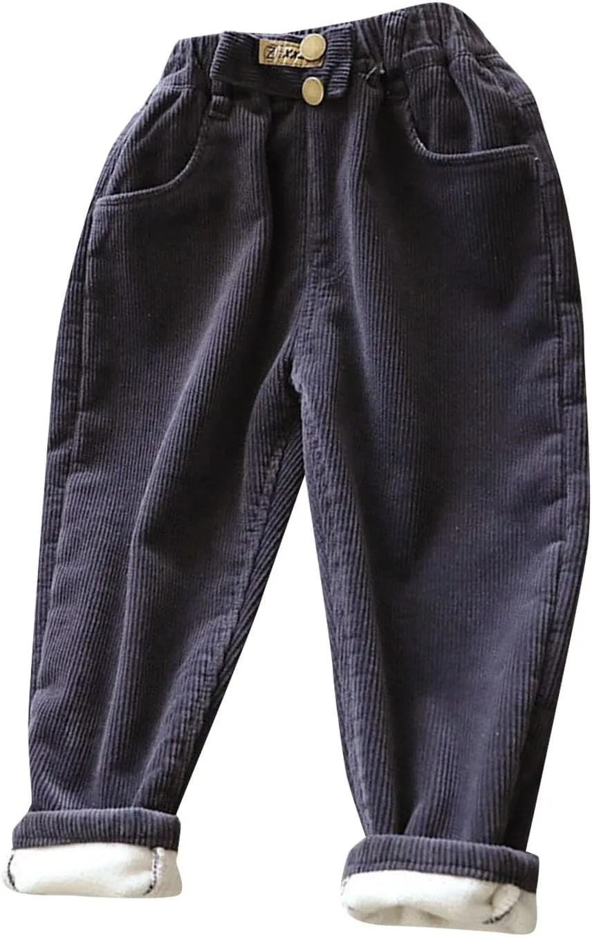 Toddler Fle𝐞ce Lined Corduroy Pants Boys Girls Solid Color Elastic Waist Fit Jogger Trousers Winter Warm Sweat Clothes