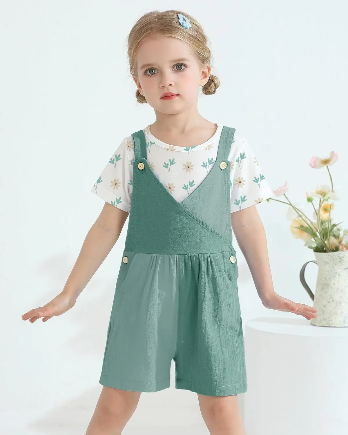 Toddler Girl Clothes 1-6T Girls Summer Outfits Floral T-Shirt Color Block Overall Shorts 2Pcs Cute Girls Clothing Set