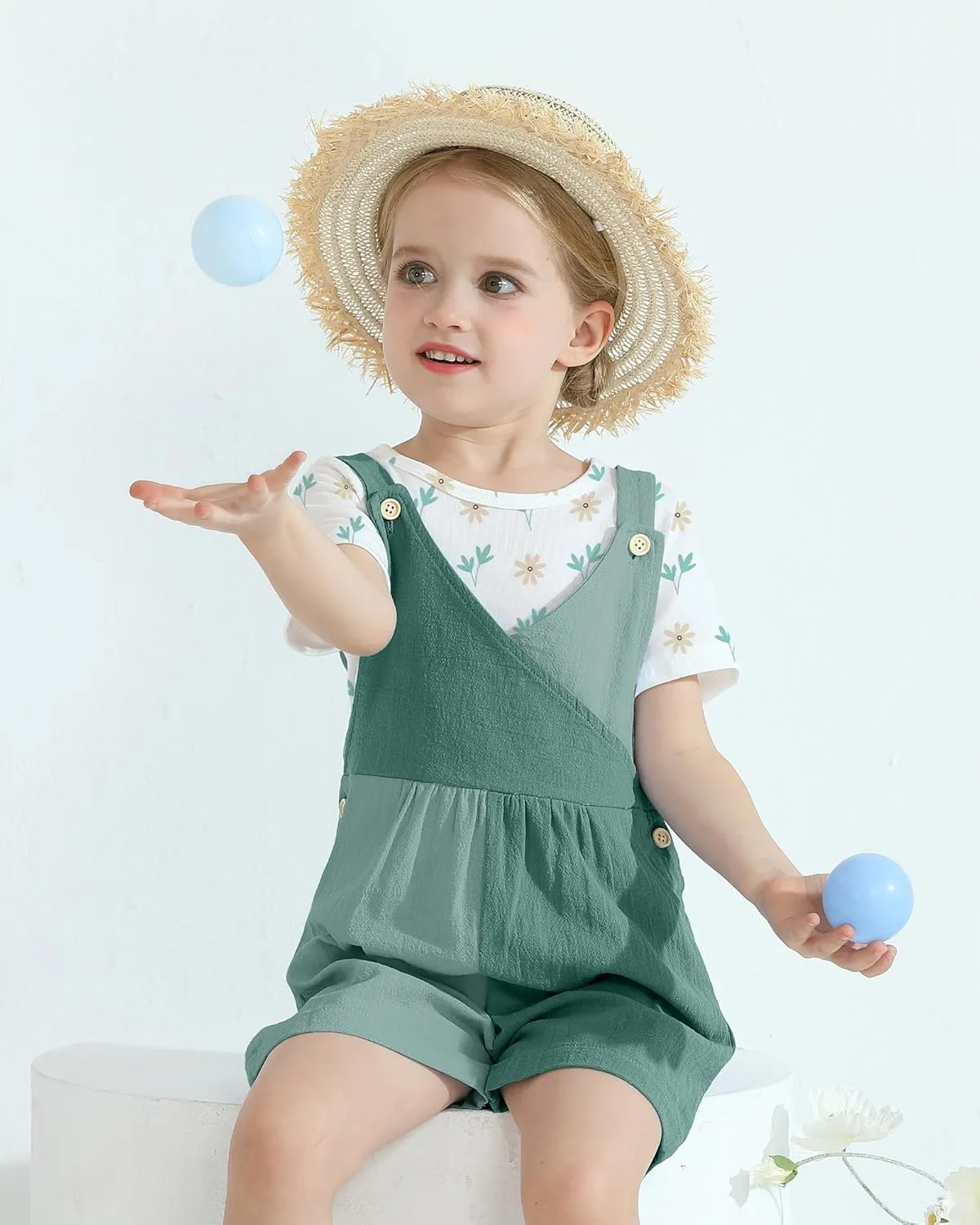 Toddler Girl Clothes 1-6T Girls Summer Outfits Floral T-Shirt Color Block Overall Shorts 2Pcs Cute Girls Clothing Set