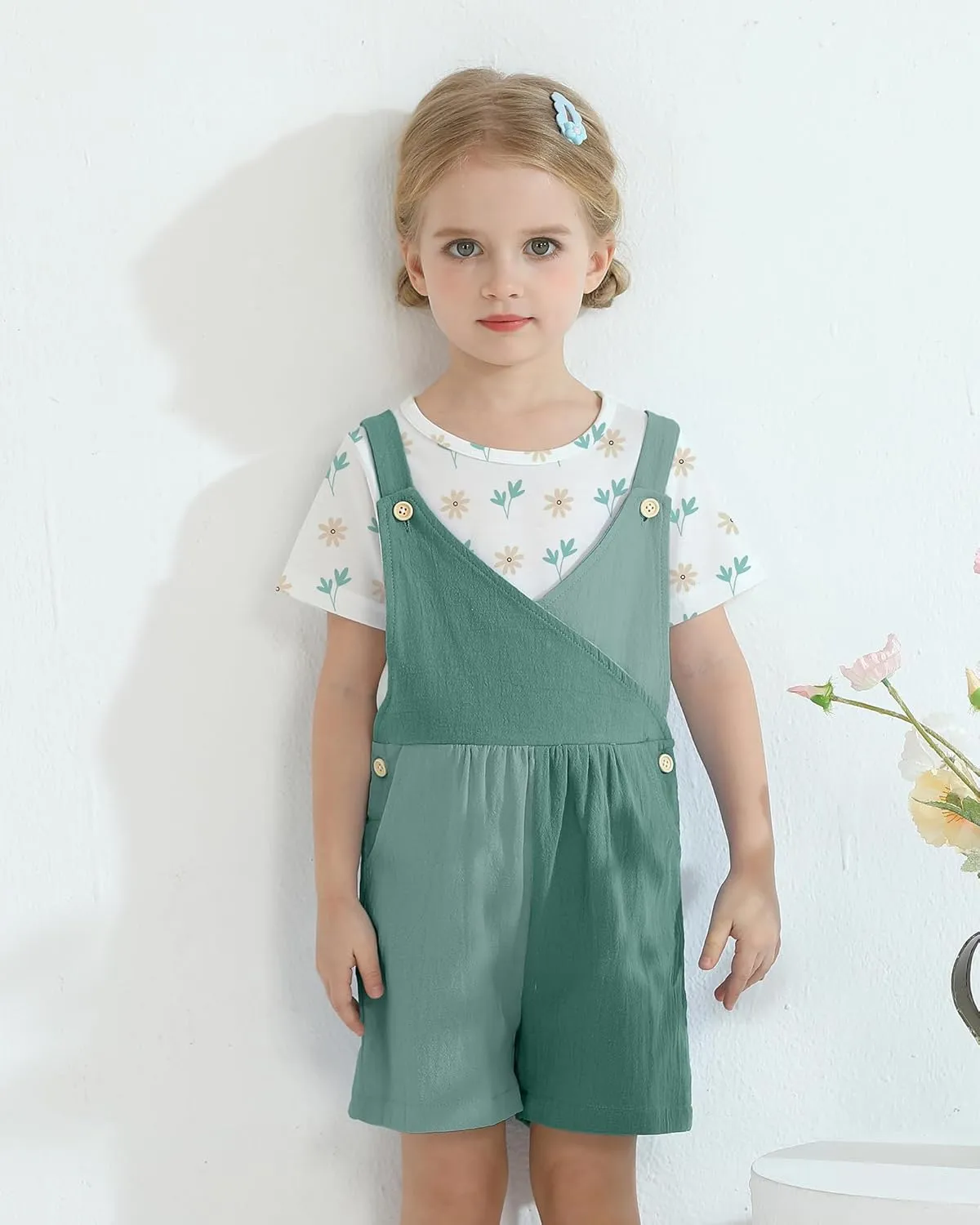 Toddler Girl Clothes 1-6T Girls Summer Outfits Floral T-Shirt Color Block Overall Shorts 2Pcs Cute Girls Clothing Set
