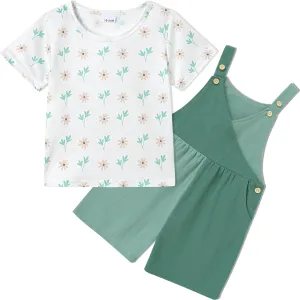 Toddler Girl Clothes 1-6T Girls Summer Outfits Floral T-Shirt Color Block Overall Shorts 2Pcs Cute Girls Clothing Set