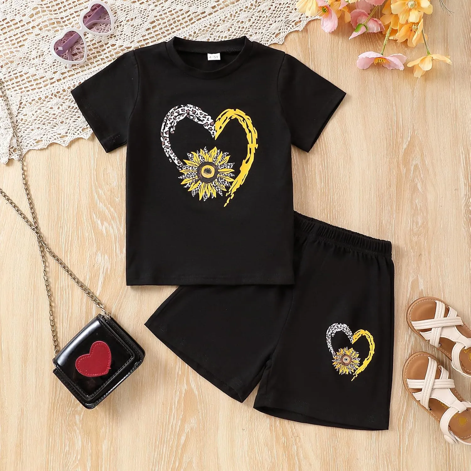 Toddler Kid Girl Clothes Heart Print Short Sleeves Top   Shorts 2PC Summer Outfit Set