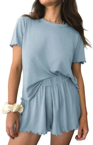 Two Piece Sets for Women Summer Pajamas Lounge Set Ribbed Knit Pj Set Short Sleeve Sleepwear Shorts Vacation Outfits