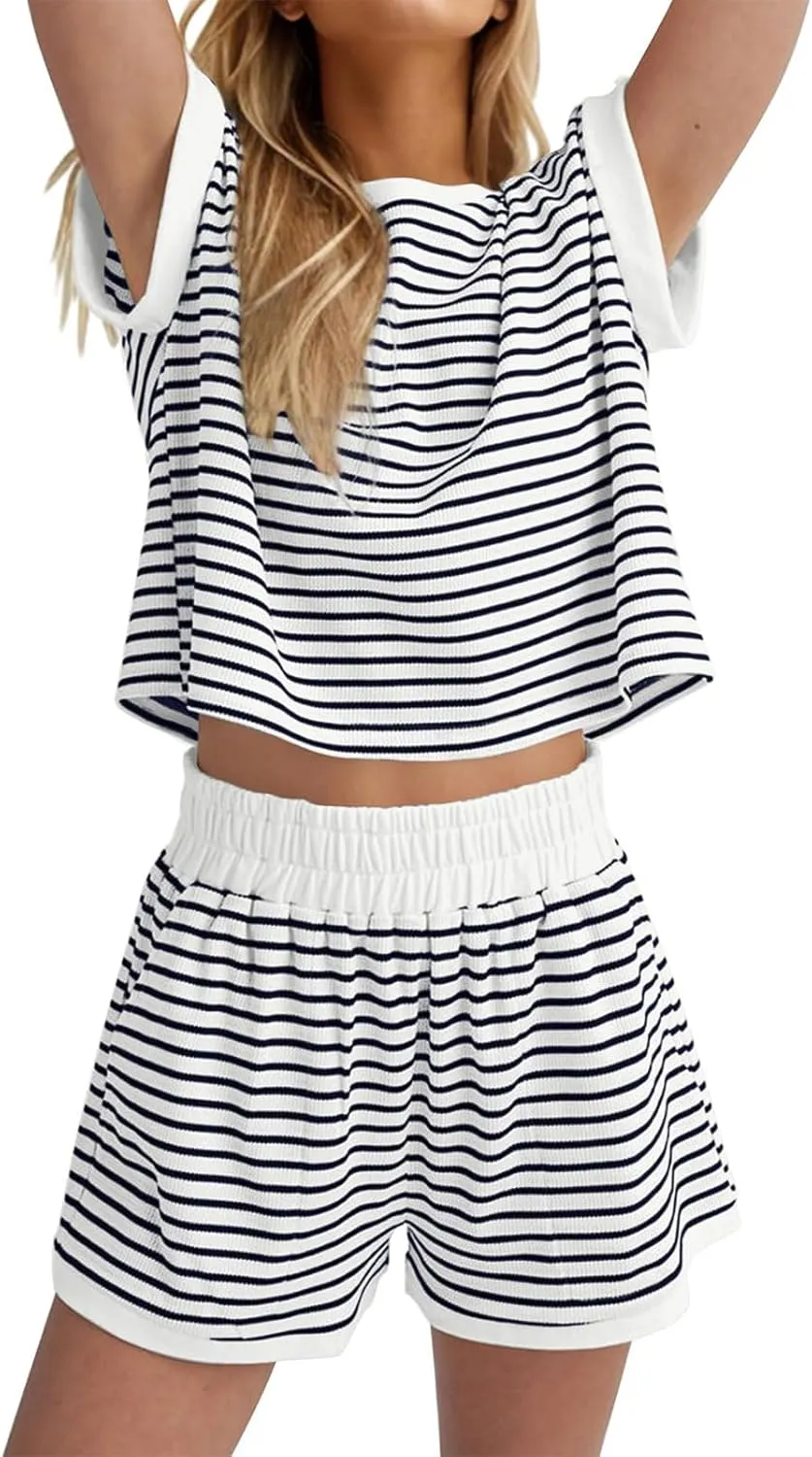 Two Piece Short Sets for Women Stripe Knit Short Sleeve Tops Lounge Set Matching Summer Loungewear Shorts Tracksuit