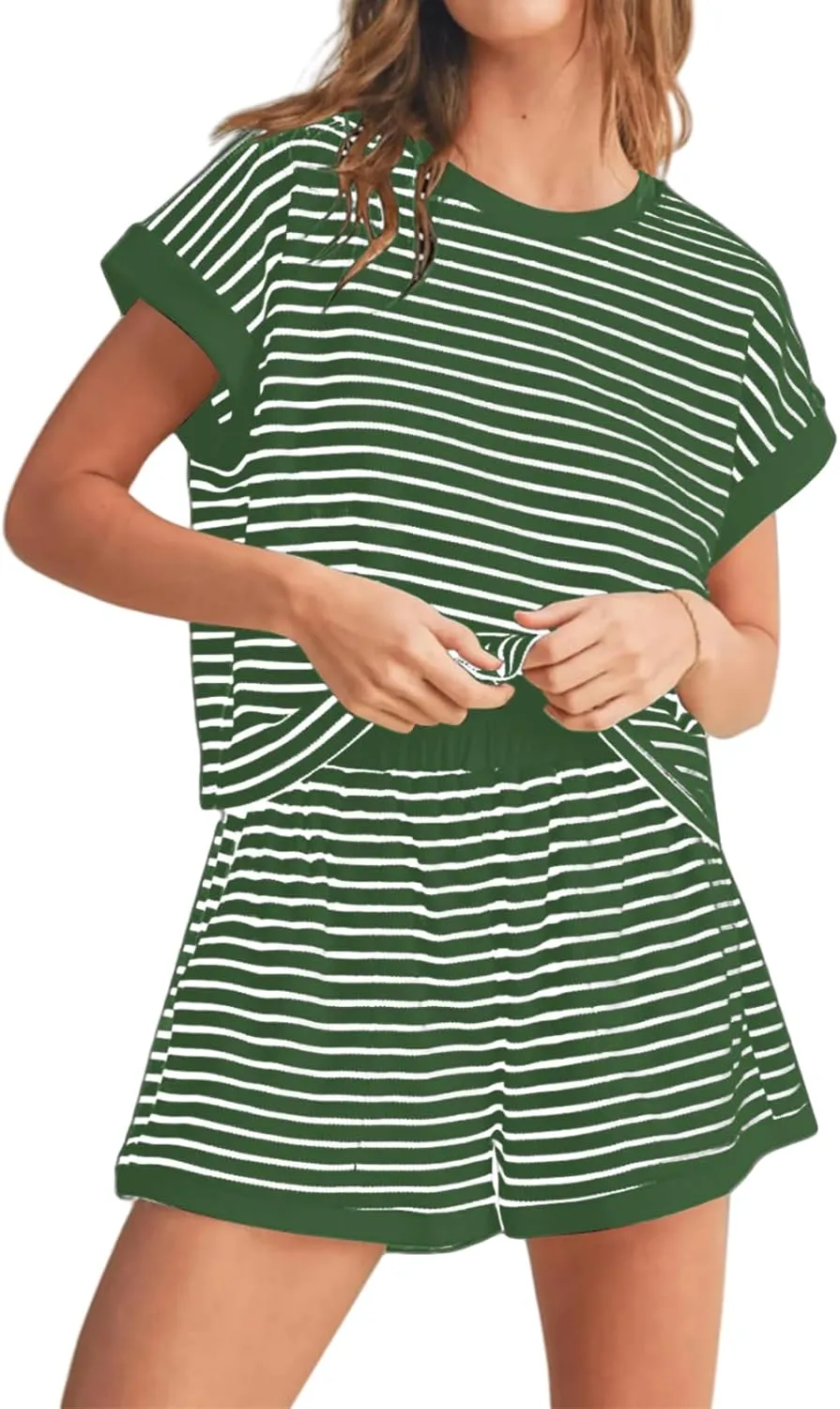 Two Piece Short Sets for Women Stripe Knit Short Sleeve Tops Lounge Set Matching Summer Loungewear Shorts Tracksuit