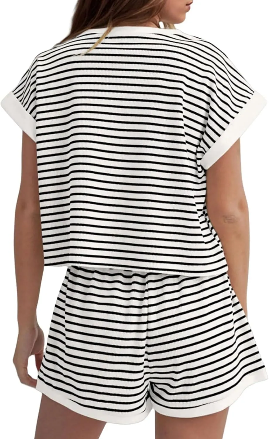 Two Piece Short Sets for Women Stripe Knit Short Sleeve Tops Lounge Set Matching Summer Loungewear Shorts Tracksuit