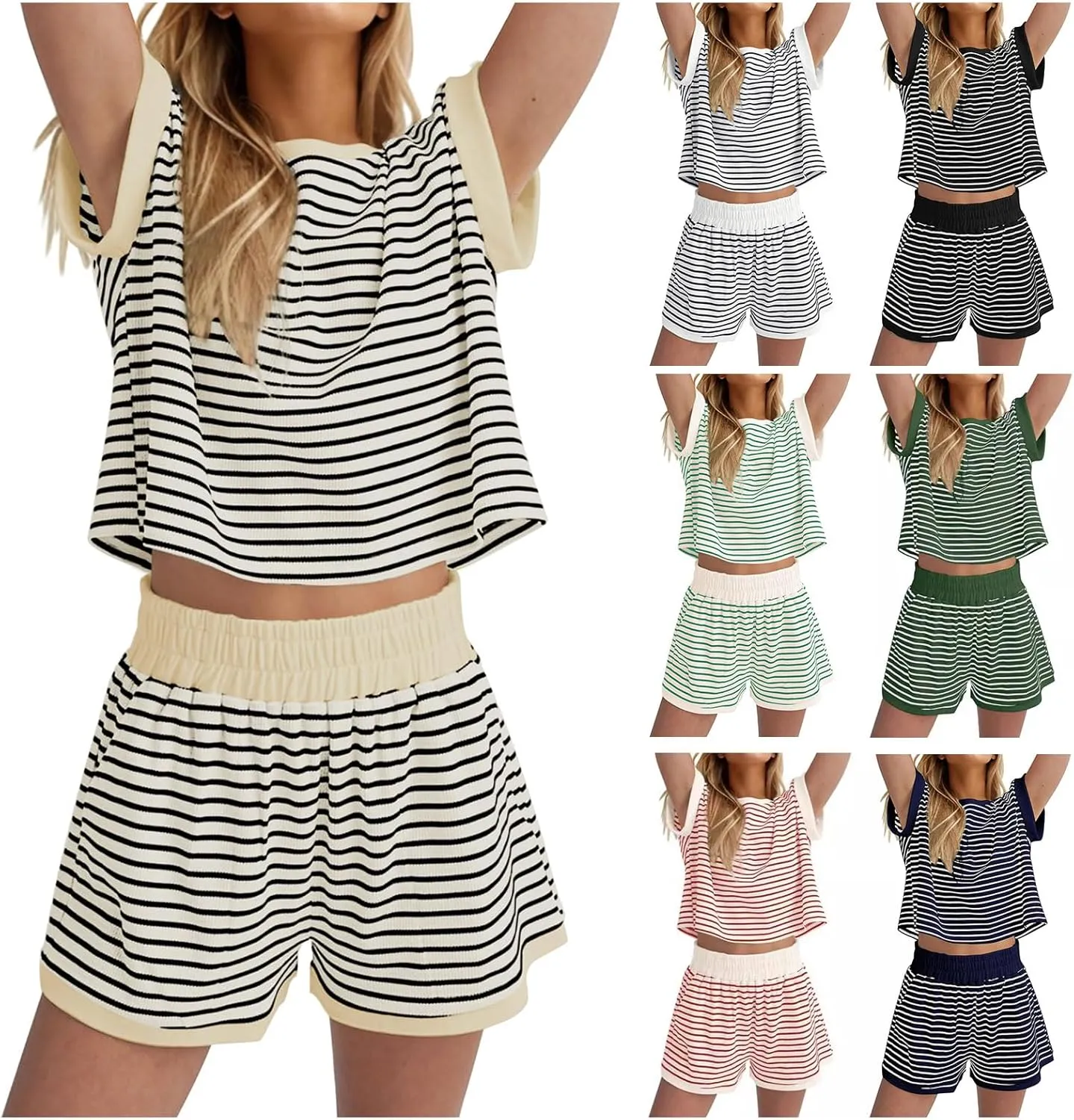 Two Piece Short Sets for Women Stripe Knit Short Sleeve Tops Lounge Set Matching Summer Loungewear Shorts Tracksuit