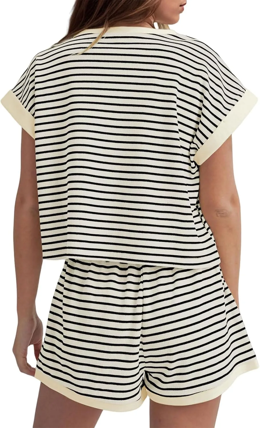 Two Piece Short Sets for Women Stripe Knit Short Sleeve Tops Lounge Set Matching Summer Loungewear Shorts Tracksuit