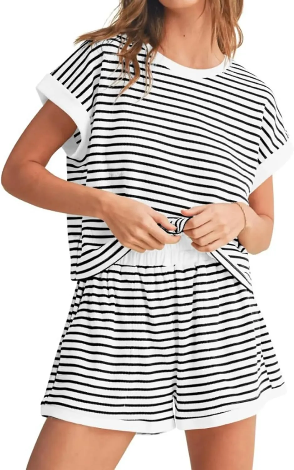Two Piece Short Sets for Women Stripe Knit Short Sleeve Tops Lounge Set Matching Summer Loungewear Shorts Tracksuit