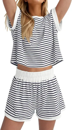 Two Piece Short Sets for Women Stripe Knit Short Sleeve Tops Lounge Set Matching Summer Loungewear Shorts Tracksuit