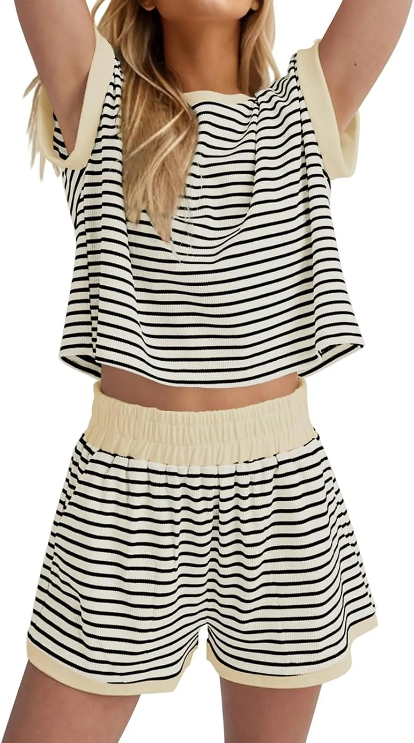 Two Piece Short Sets for Women Stripe Knit Short Sleeve Tops Lounge Set Matching Summer Loungewear Shorts Tracksuit