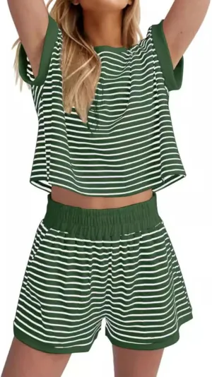 Two Piece Short Sets for Women Stripe Knit Short Sleeve Tops Lounge Set Matching Summer Loungewear Shorts Tracksuit
