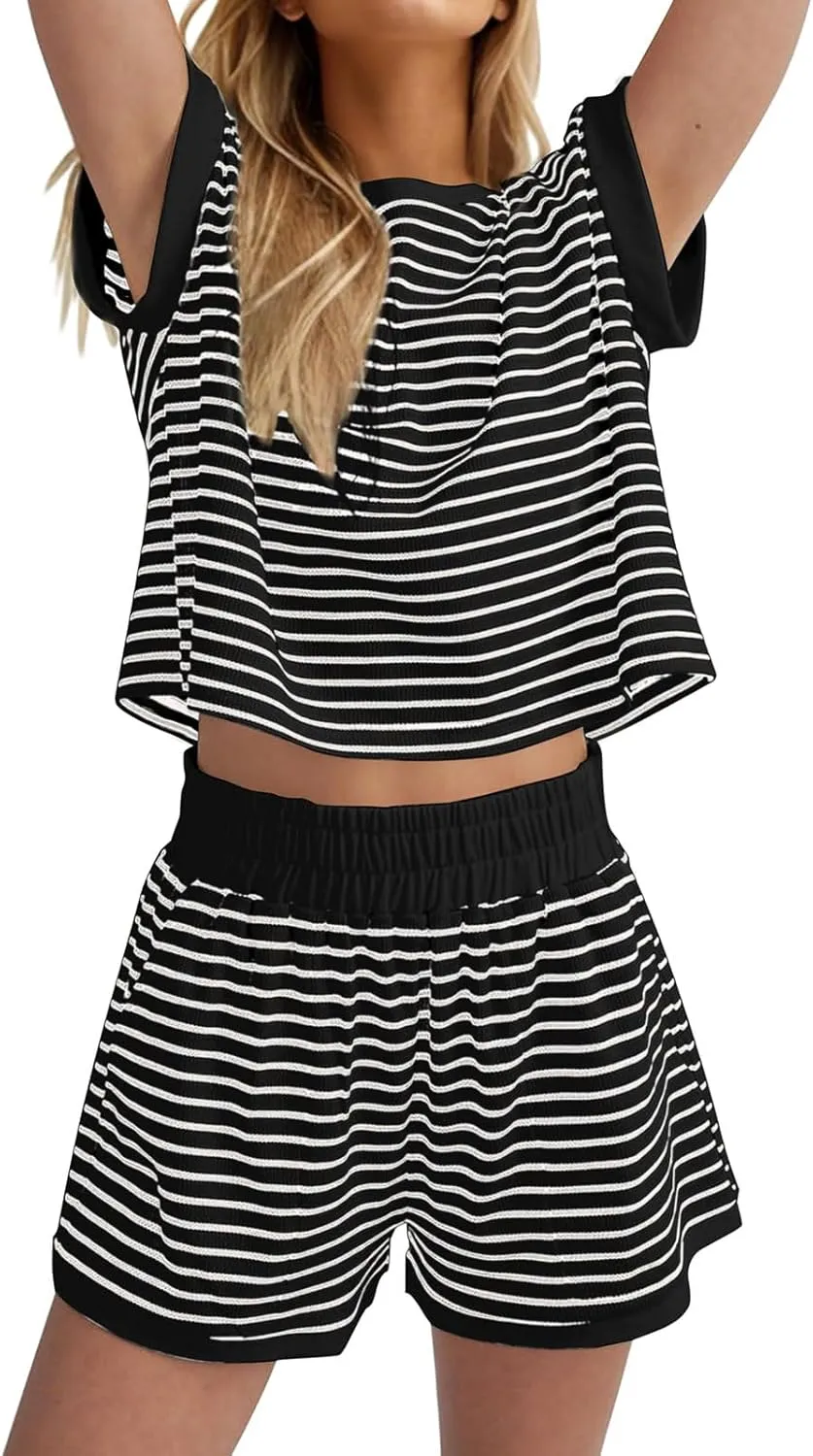 Two Piece Short Sets for Women Stripe Knit Short Sleeve Tops Lounge Set Matching Summer Loungewear Shorts Tracksuit