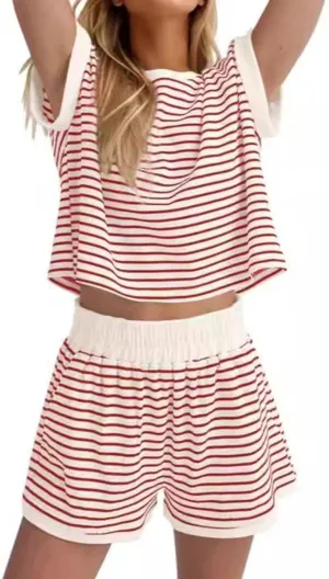 Two Piece Short Sets for Women Stripe Knit Short Sleeve Tops Lounge Set Matching Summer Loungewear Shorts Tracksuit