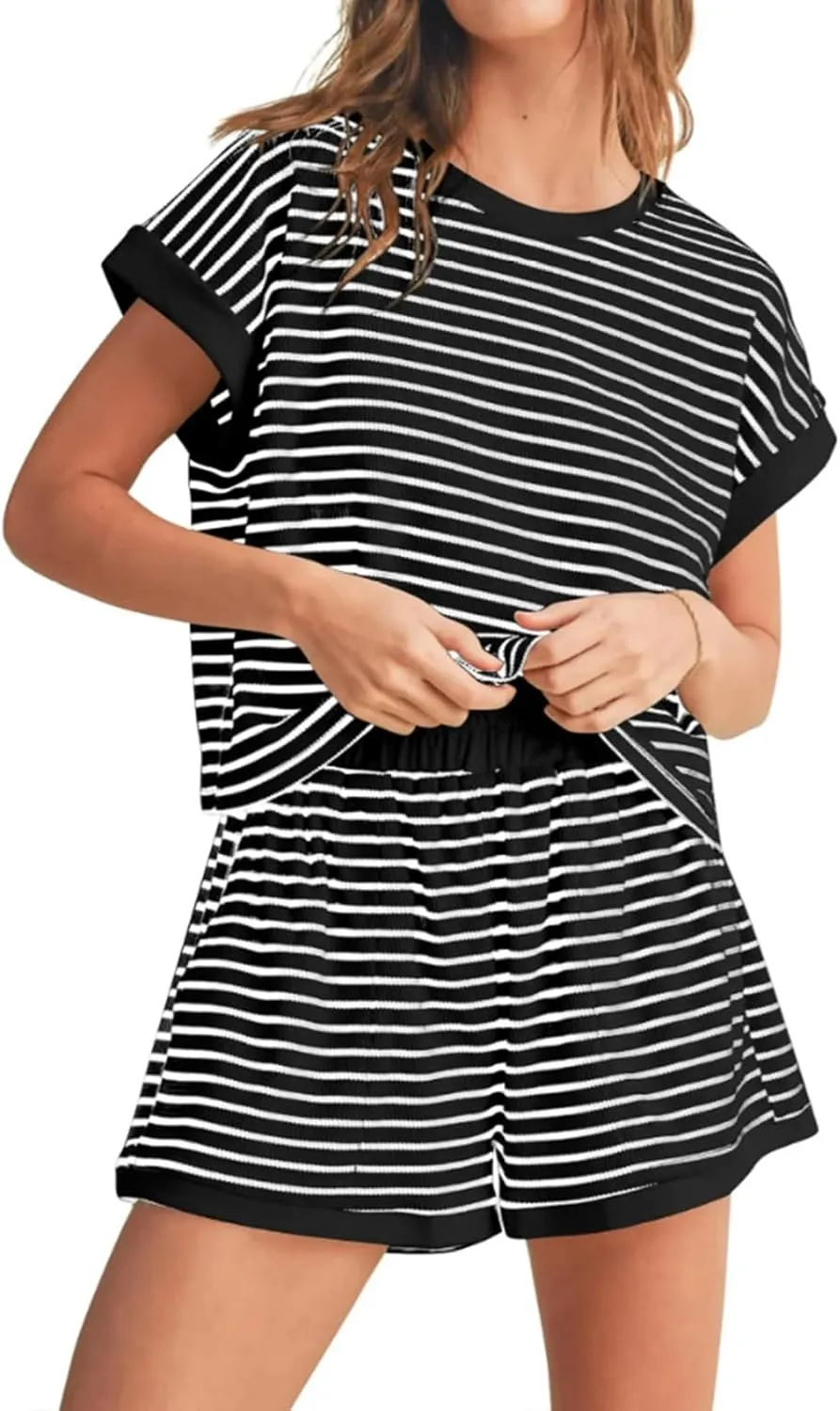 Two Piece Short Sets for Women Stripe Knit Short Sleeve Tops Lounge Set Matching Summer Loungewear Shorts Tracksuit
