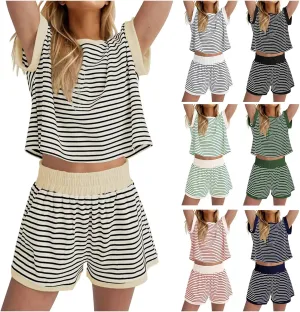 Two Piece Short Sets for Women Stripe Knit Short Sleeve Tops Lounge Set Matching Summer Loungewear Shorts Tracksuit