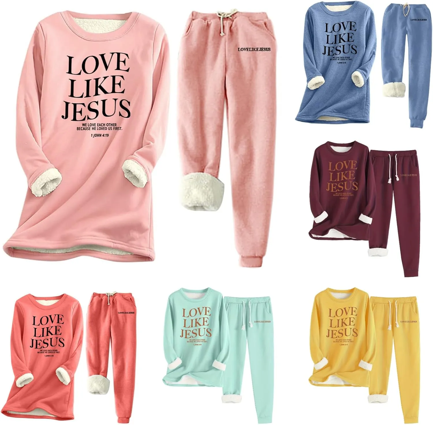 Two Piece Womens Winter Warm Love Like Jesus Sweatshirts and High Waist Sweatpants Fleece Lined Loungewear