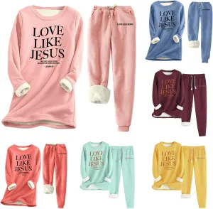 Two Piece Womens Winter Warm Love Like Jesus Sweatshirts and High Waist Sweatpants Fleece Lined Loungewear