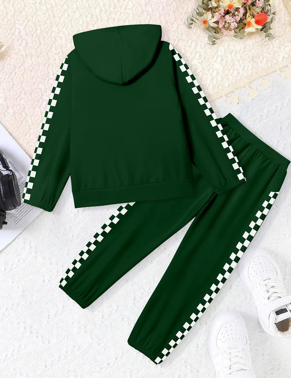 Unisex Boys Girls Clothes Plaid 2 Piece Outfits Athletic Tracksuit Hooded Sweatshirt and Sweatpants Kids Sweatsuits
