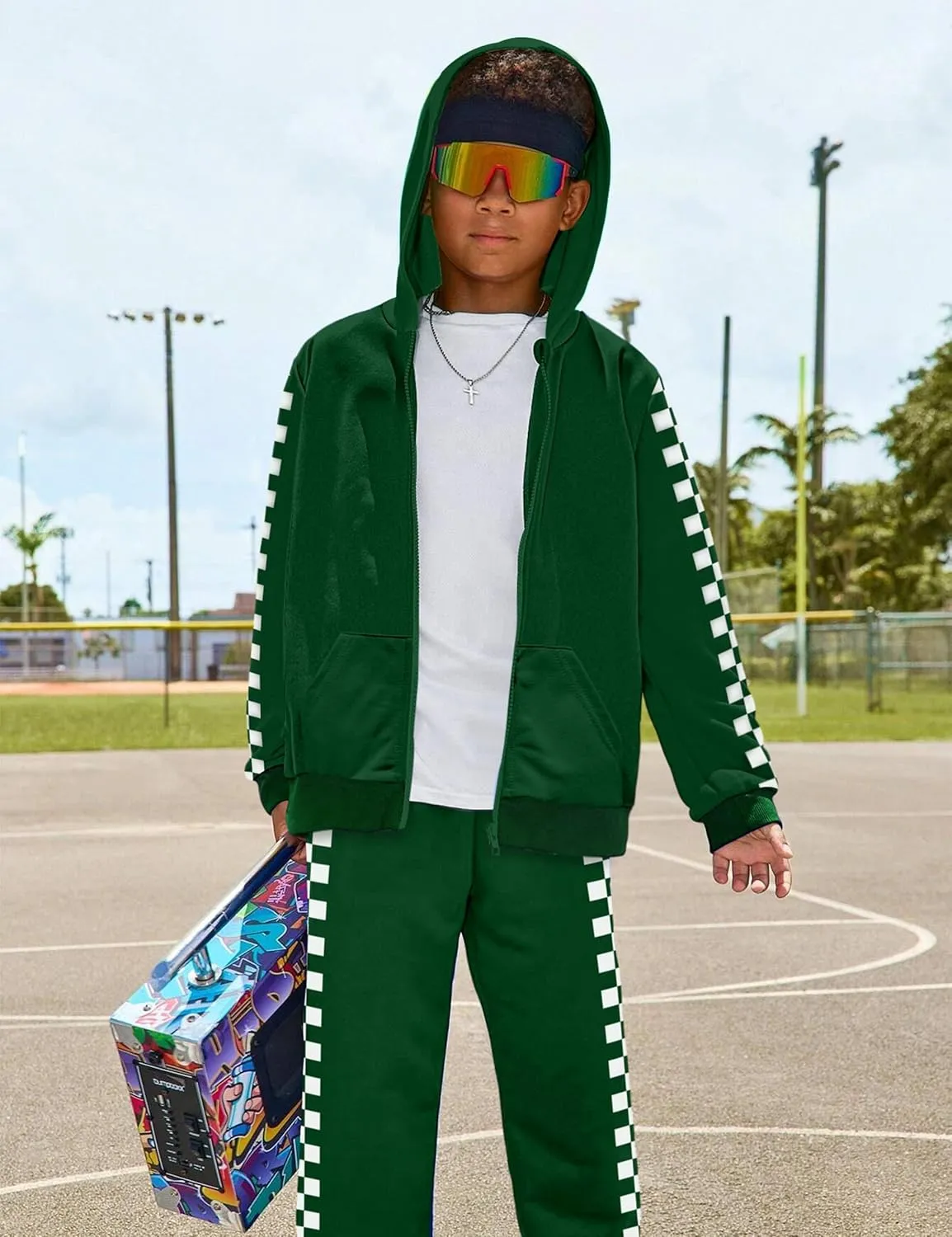 Unisex Boys Girls Clothes Plaid 2 Piece Outfits Athletic Tracksuit Hooded Sweatshirt and Sweatpants Kids Sweatsuits