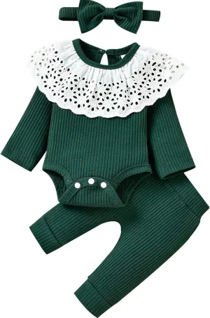 Unutiylo Preemie Newborn Baby Girls Clothes Infant Baby Organic Outfits Ruffle Lace Romper Solid Color Pants Clothing Set