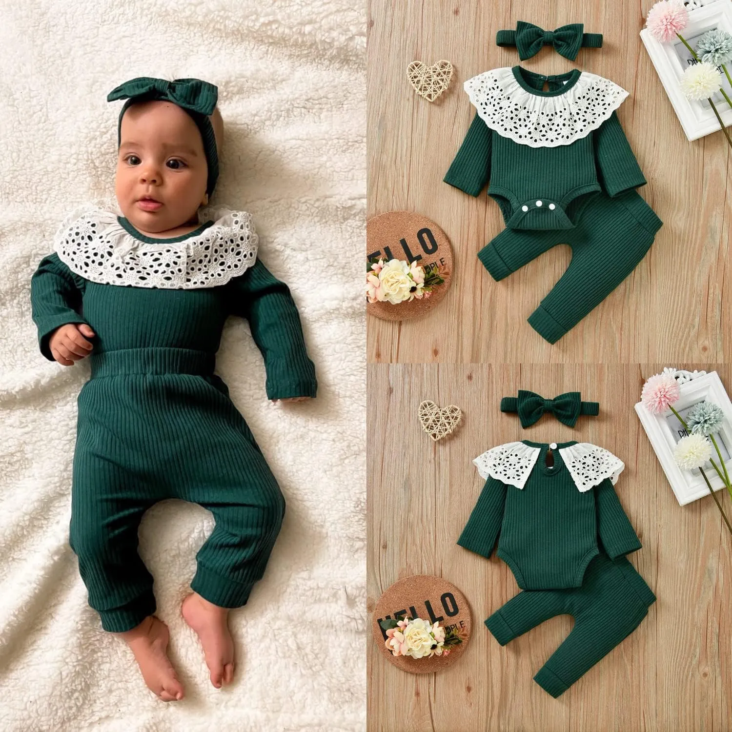 Unutiylo Preemie Newborn Baby Girls Clothes Infant Baby Organic Outfits Ruffle Lace Romper Solid Color Pants Clothing Set