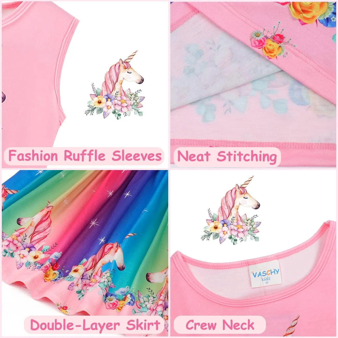VASCHY Dress for Girls,Cute Girls Ruffle Sleeve Princess Party Outfit Clothes,Toddler/Little/Big Kid Girls Clothing