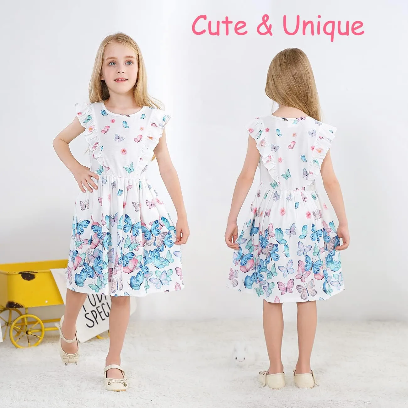 VASCHY Dress for Girls,Cute Girls Ruffle Sleeve Princess Party Outfit Clothes,Toddler/Little/Big Kid Girls Clothing