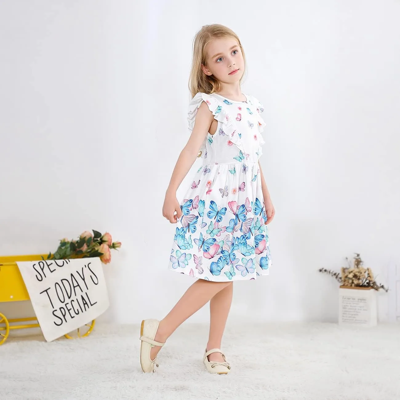 VASCHY Dress for Girls,Cute Girls Ruffle Sleeve Princess Party Outfit Clothes,Toddler/Little/Big Kid Girls Clothing