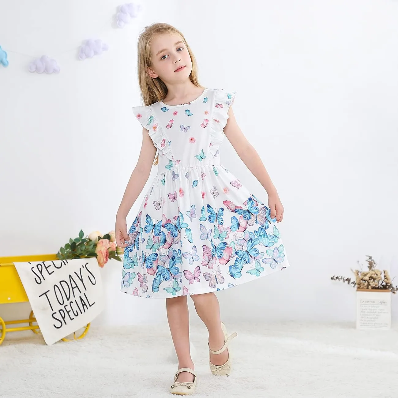 VASCHY Dress for Girls,Cute Girls Ruffle Sleeve Princess Party Outfit Clothes,Toddler/Little/Big Kid Girls Clothing