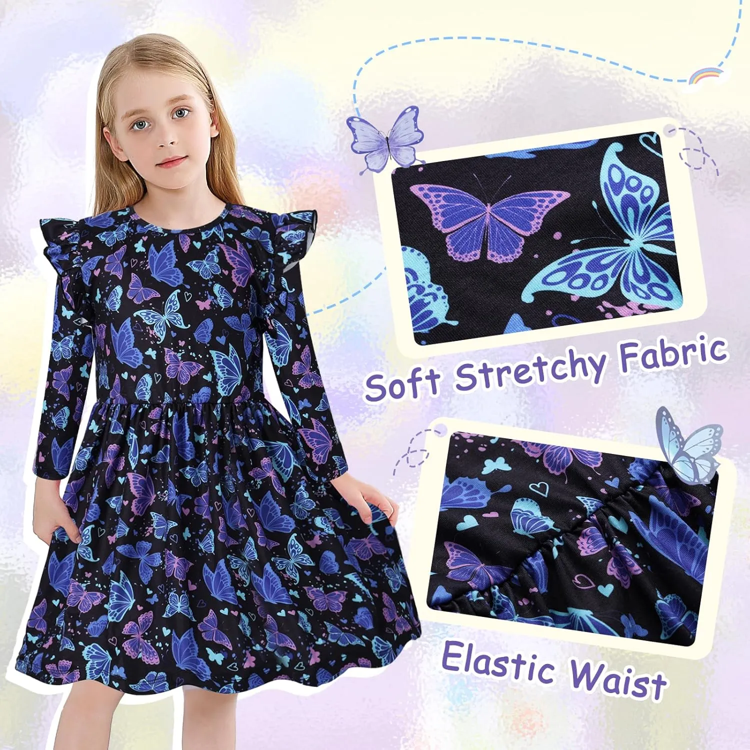 VASCHY Girls Dress, Cute Twirly Stretchy Casual Dress with Pockets Ruffle Sleeve for Toddler/Little/Big Kid Girls Clothing