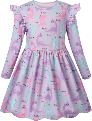 VASCHY Girls Dress, Cute Twirly Stretchy Casual Dress with Pockets Ruffle Sleeve for Toddler/Little/Big Kid Girls Clothing