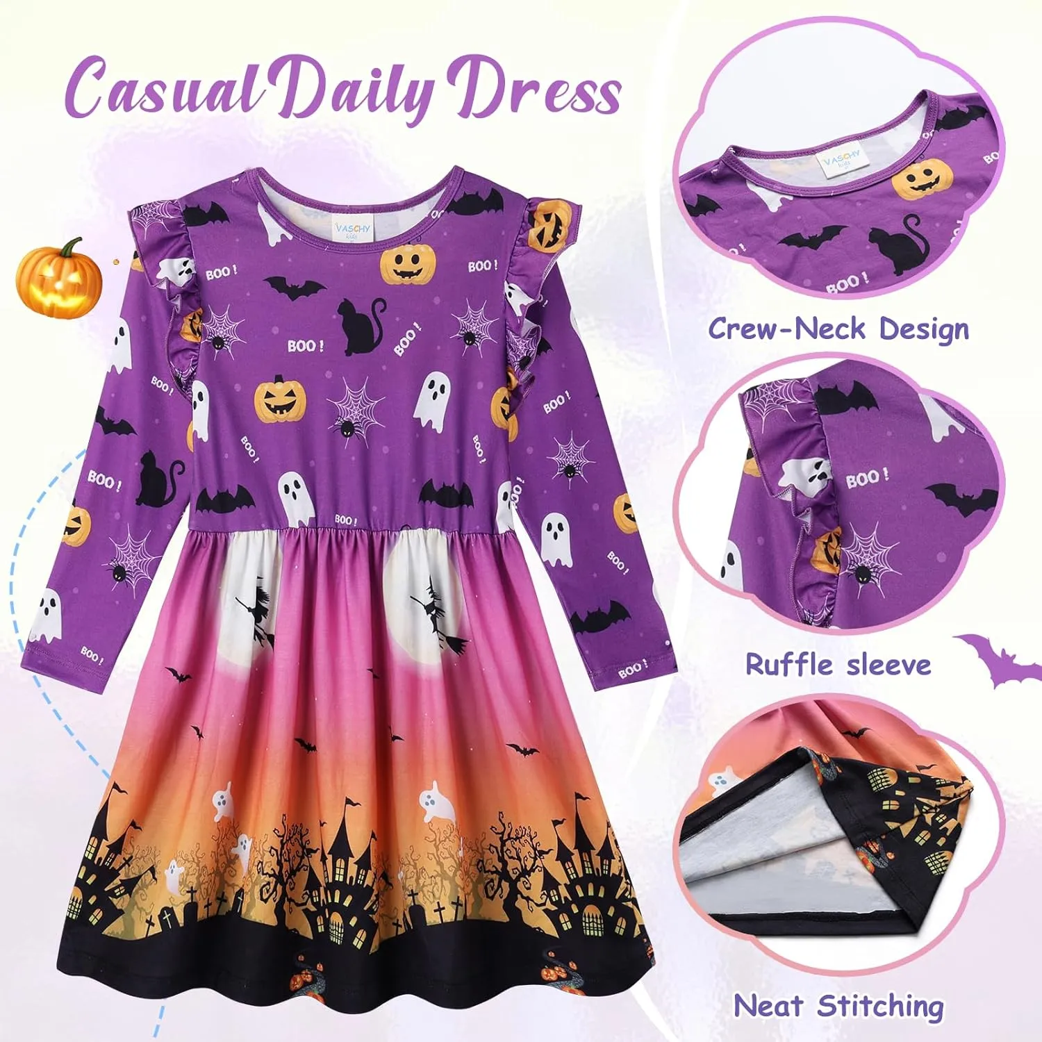 VASCHY Girls Dress, Cute Twirly Stretchy Casual Dress with Pockets Ruffle Sleeve for Toddler/Little/Big Kid Girls Clothing