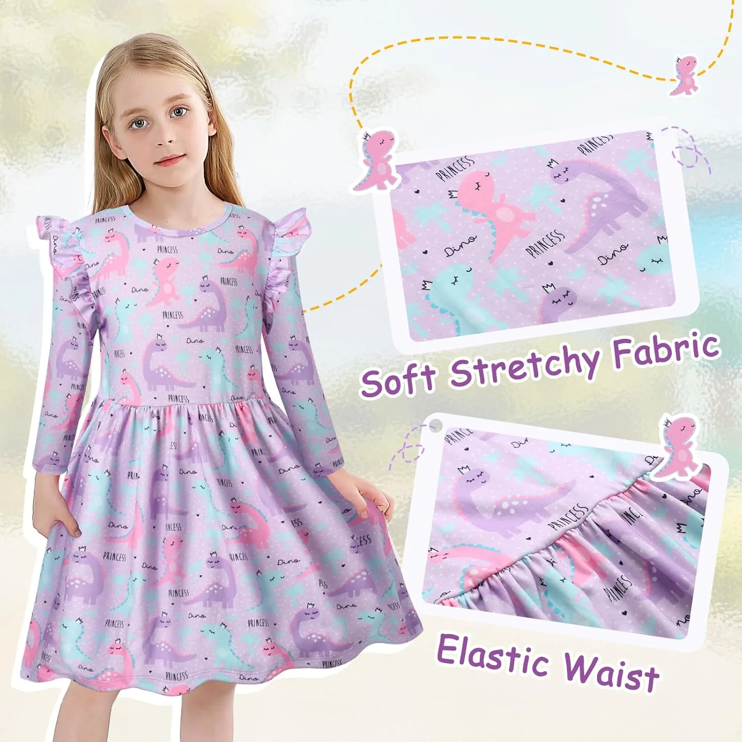 VASCHY Girls Dress, Cute Twirly Stretchy Casual Dress with Pockets Ruffle Sleeve for Toddler/Little/Big Kid Girls Clothing