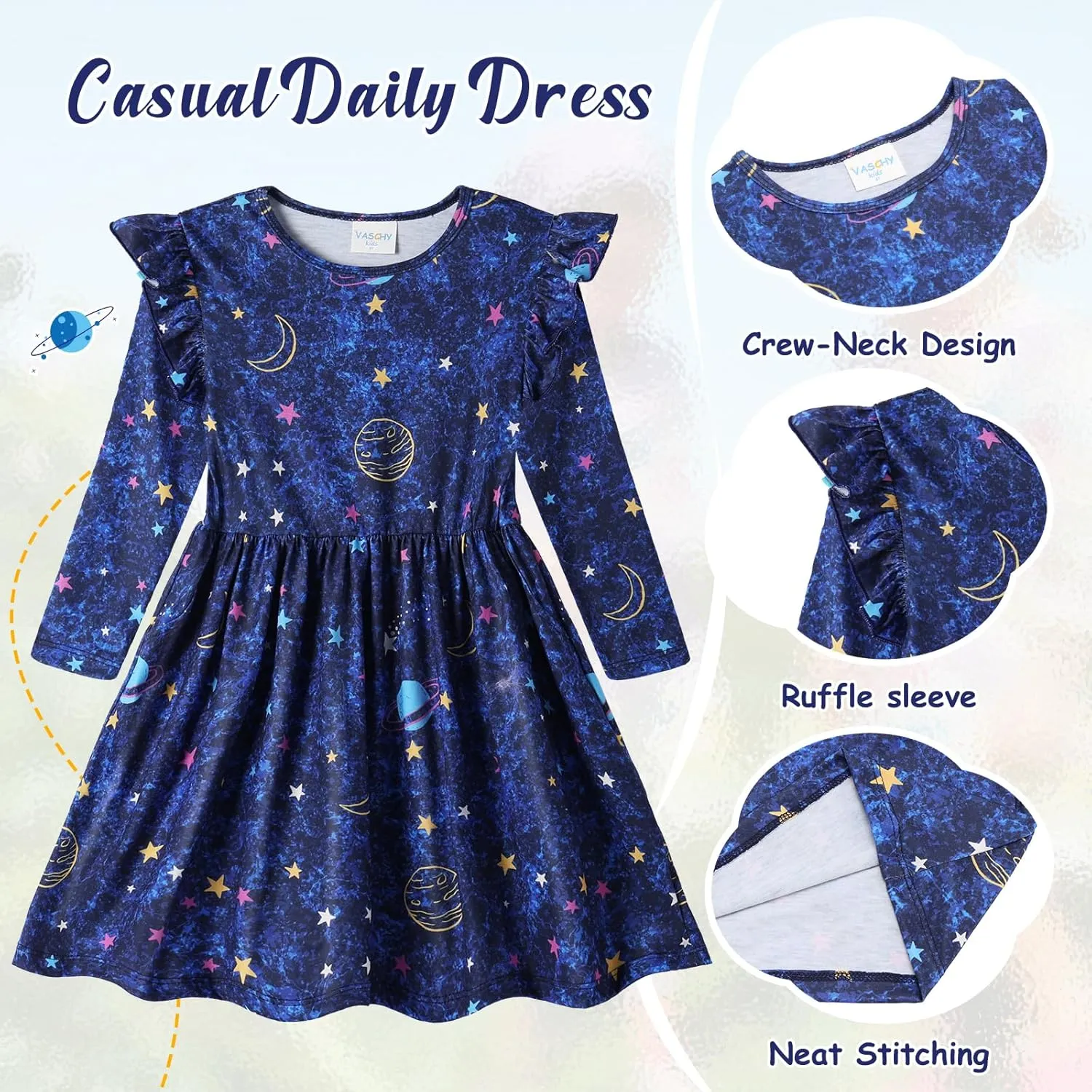 VASCHY Girls Dress, Cute Twirly Stretchy Casual Dress with Pockets Ruffle Sleeve for Toddler/Little/Big Kid Girls Clothing