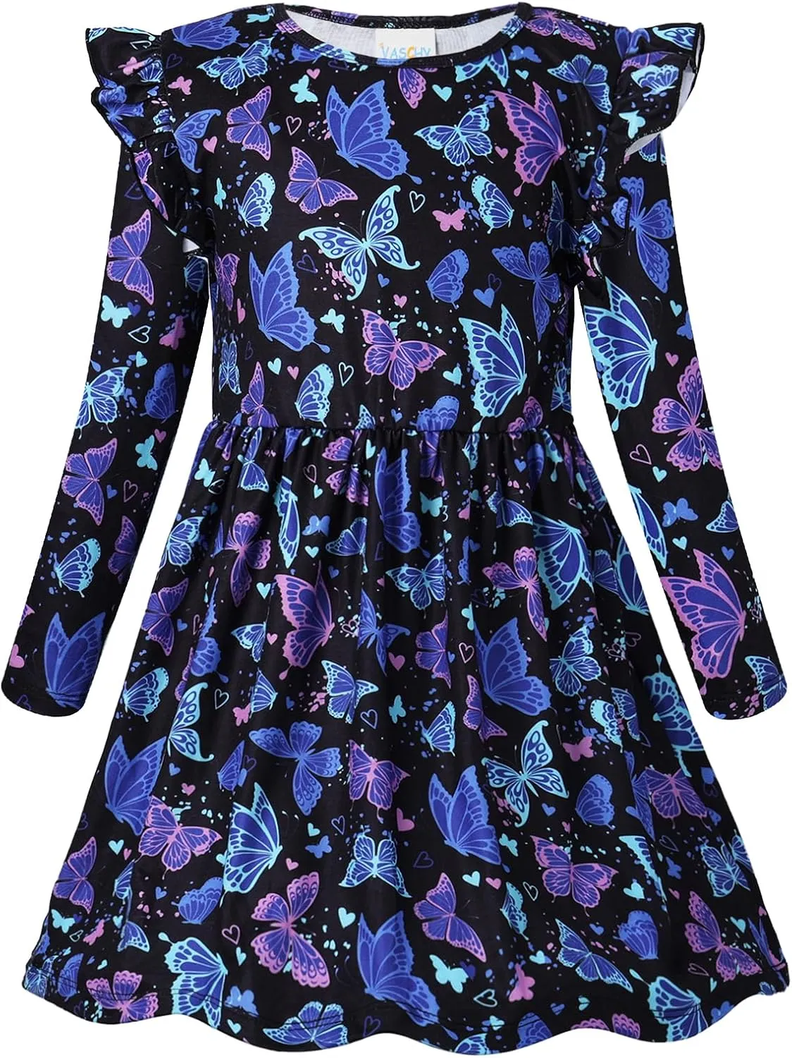 VASCHY Girls Dress, Cute Twirly Stretchy Casual Dress with Pockets Ruffle Sleeve for Toddler/Little/Big Kid Girls Clothing