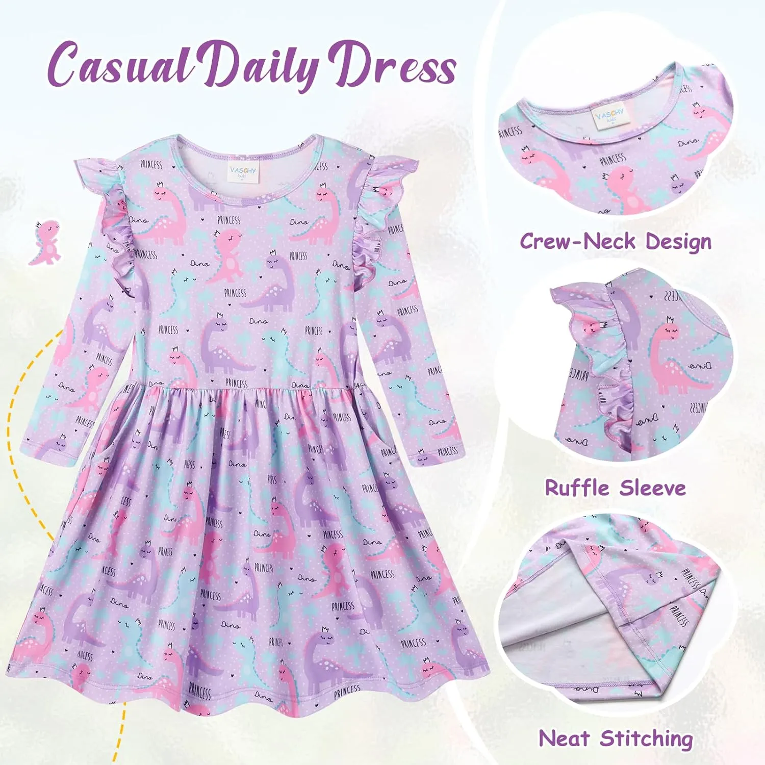 VASCHY Girls Dress, Cute Twirly Stretchy Casual Dress with Pockets Ruffle Sleeve for Toddler/Little/Big Kid Girls Clothing