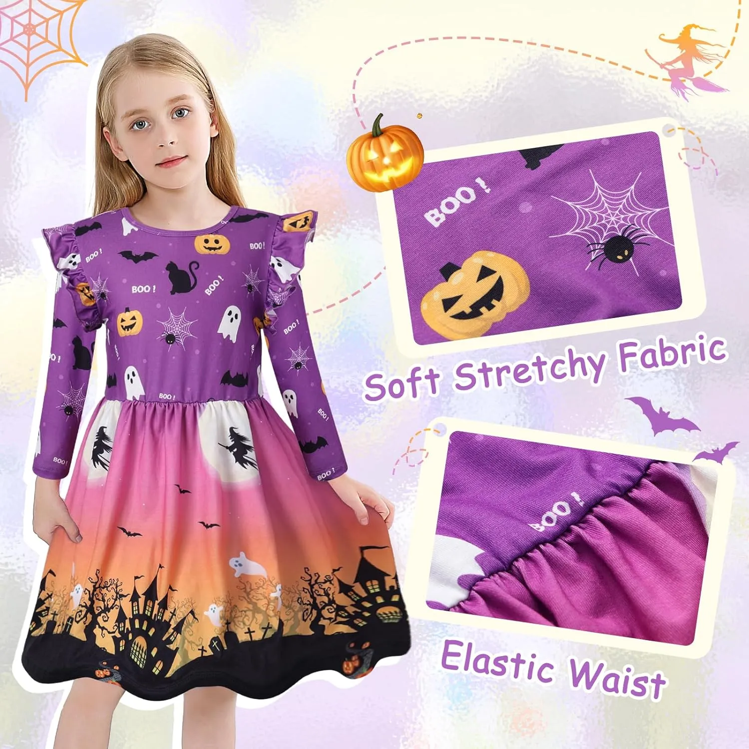 VASCHY Girls Dress, Cute Twirly Stretchy Casual Dress with Pockets Ruffle Sleeve for Toddler/Little/Big Kid Girls Clothing