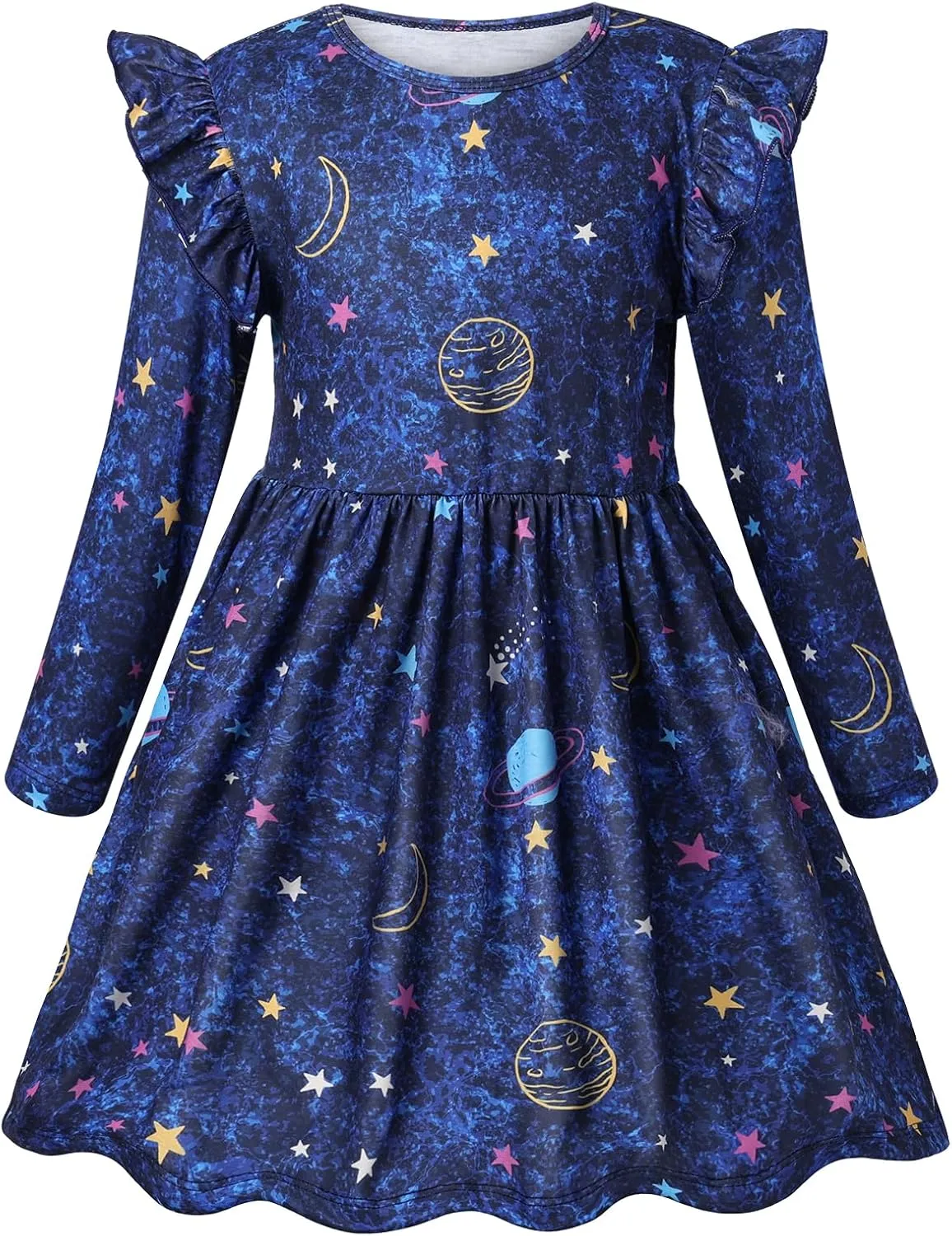 VASCHY Girls Dress, Cute Twirly Stretchy Casual Dress with Pockets Ruffle Sleeve for Toddler/Little/Big Kid Girls Clothing