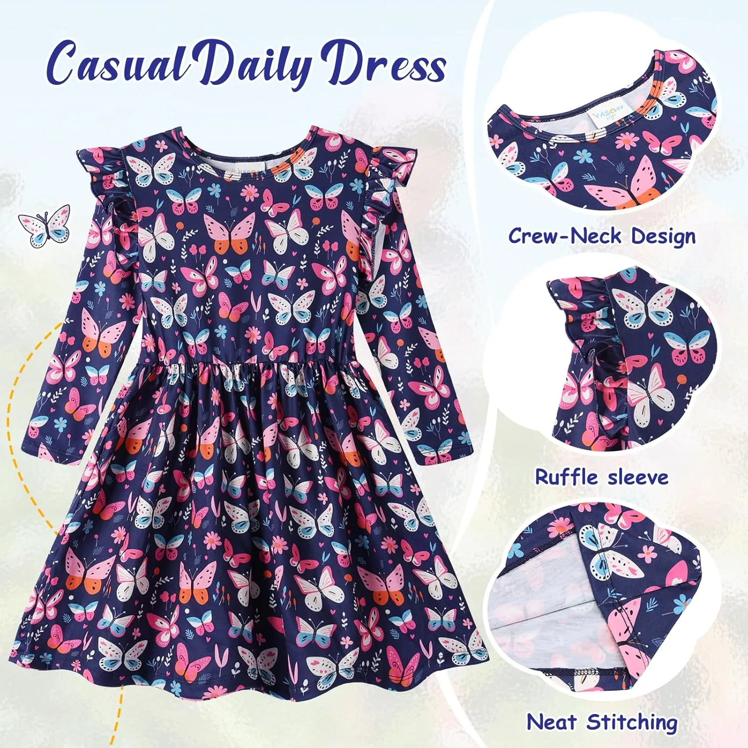 VASCHY Girls Dress, Cute Twirly Stretchy Casual Dress with Pockets Ruffle Sleeve for Toddler/Little/Big Kid Girls Clothing