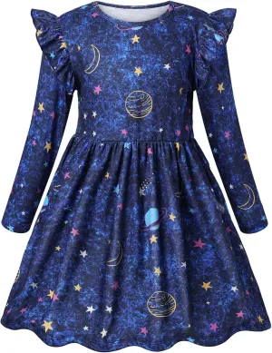 VASCHY Girls Dress, Cute Twirly Stretchy Casual Dress with Pockets Ruffle Sleeve for Toddler/Little/Big Kid Girls Clothing